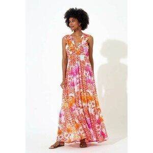 Oliphant Ruffle Maxi Dress Orange Floral Size M tropical resort wear